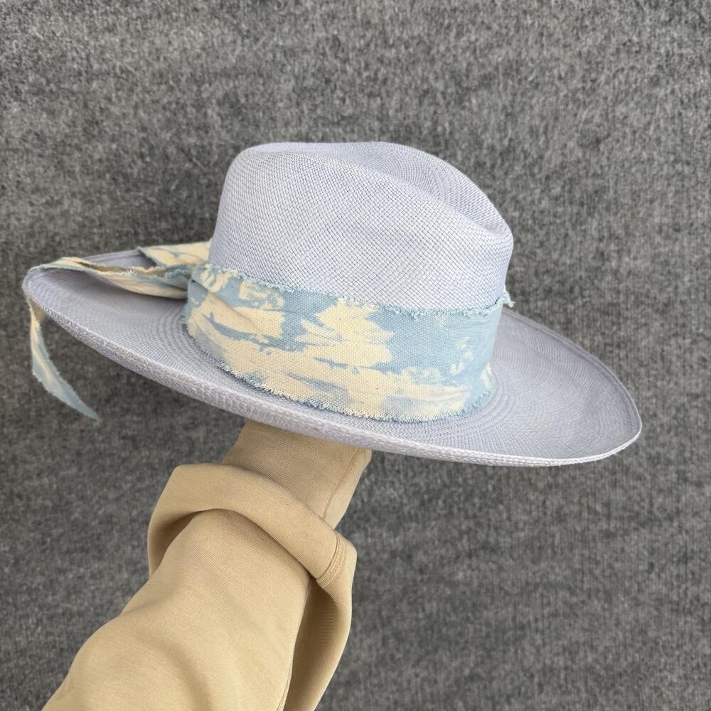 Artesano Hat Medium Blue Straw Panama Wide Brim Bow Handmade Summer Boho Hippie